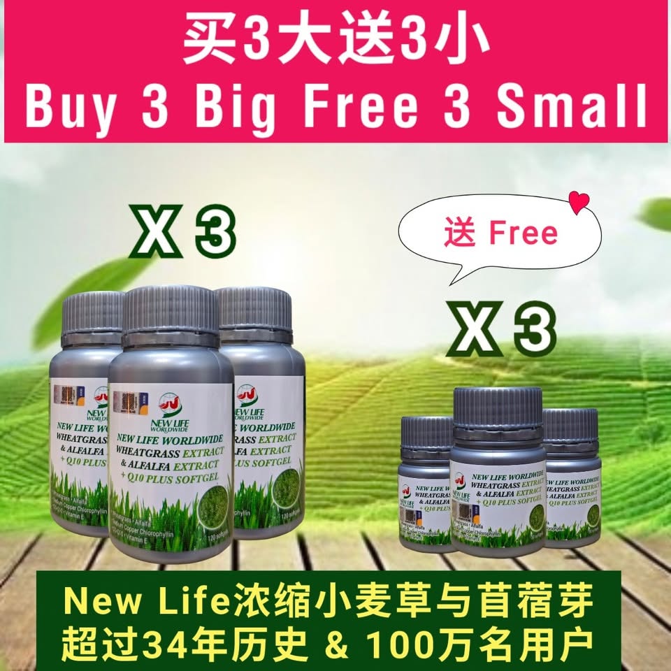 New Life 浓缩小麦草与苜蓿芽 买3大送3小 优惠，超过34年历史与100万名用户